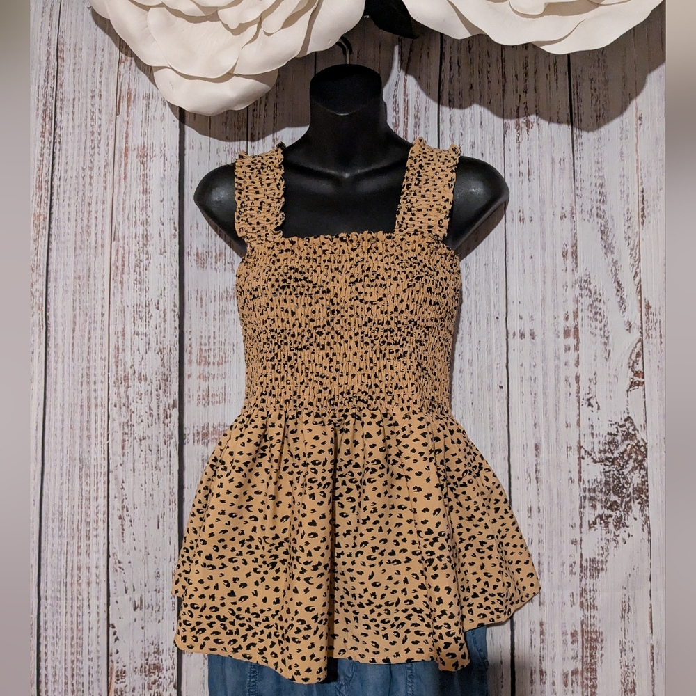 Pleione Anthropologie Leopard Animal Print Smocked Baby Doll Peplum Top